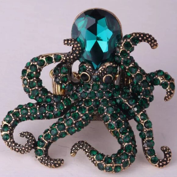 Emerald Green Crystal Octopus Statement Ring in Antique Gold Finish - 2" - Picture 1 of 3